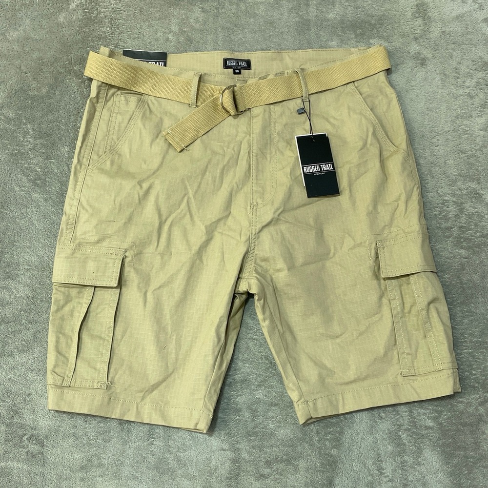 NWT Rugged Trail Cargo Shorts Men's 36 Khaki Cotton Stretch Ripstop